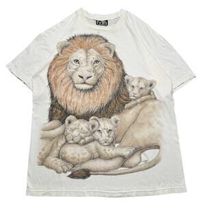 Vintage 90s Lion Cub Safari Nature Graphic T Shirt White Mens XL Art